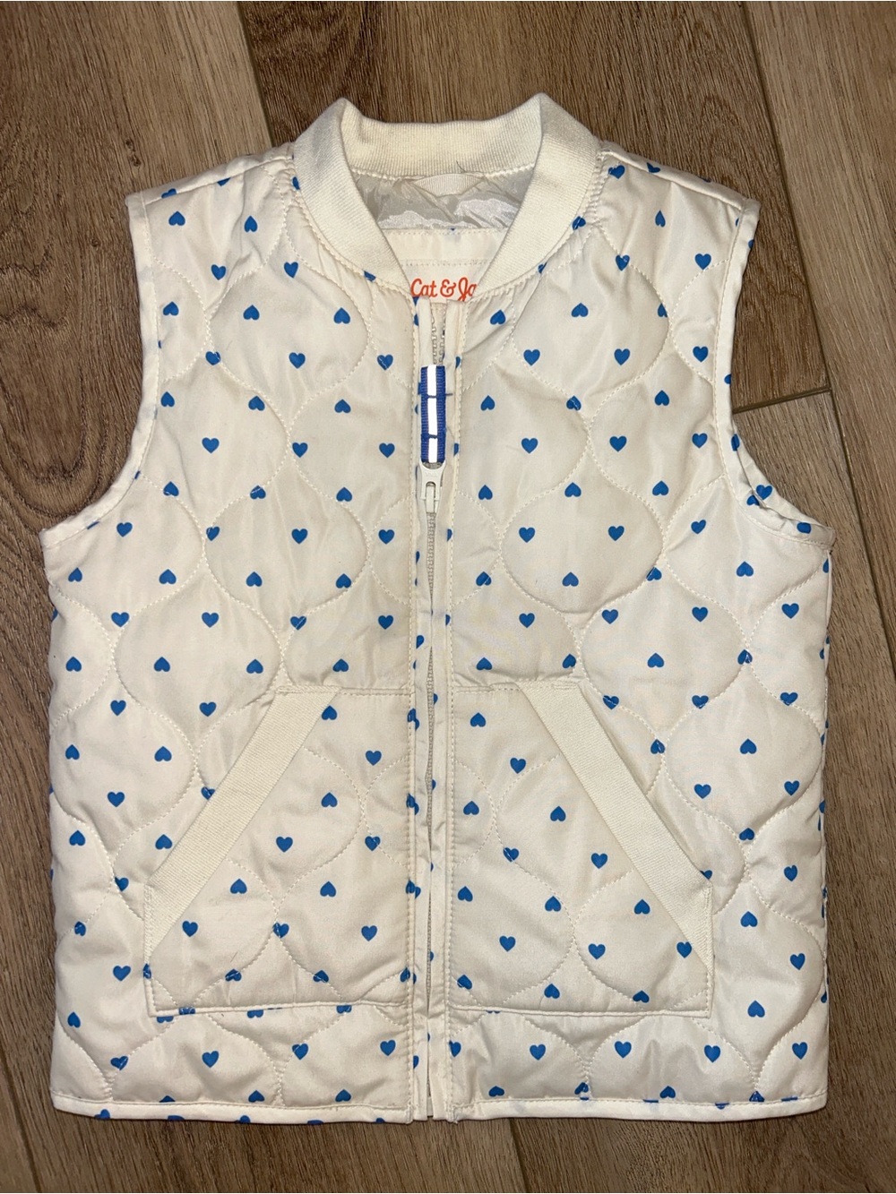 Cat & Jack Cream Quilted Puffer Vest with Blue Heart Print